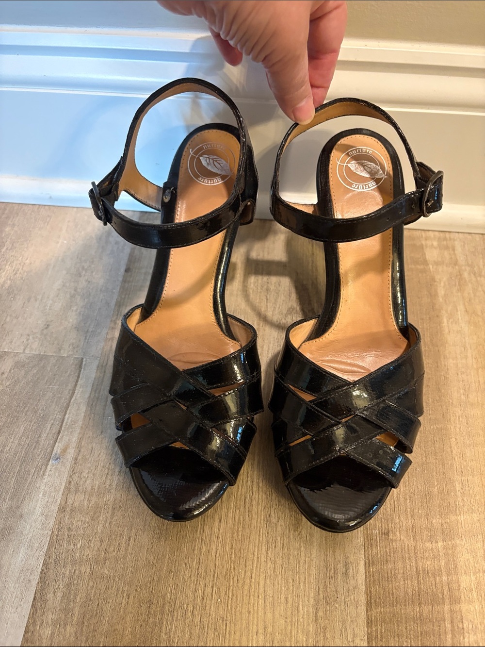 Nurture Black Patent Leather T-Strap Sandals